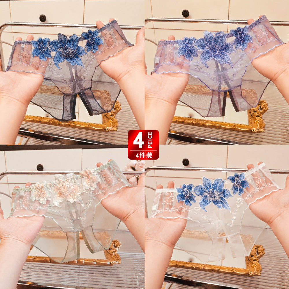 Image of A dropshipping summer thin embroidery hollow open mesh transparent sexy underwear women’s traceless low-waisted new